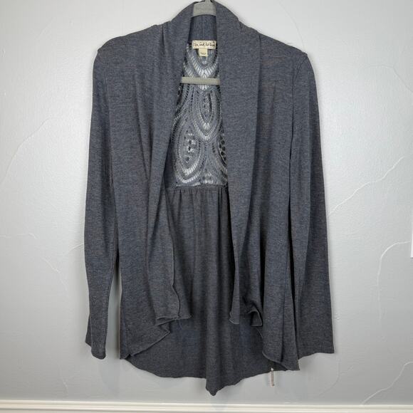 Live and Let Live Gray Cardigan Small Boho Crochet Back Drape Open Front - Picture 1 of 8
